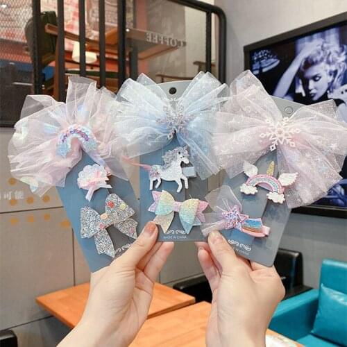 3 Pieces/Set Princess Lace Bow Glitter Hair Clips for Girls Sequin Snowflake Hairpin Cartoon Unicorn Hairgrips Kids Headwear