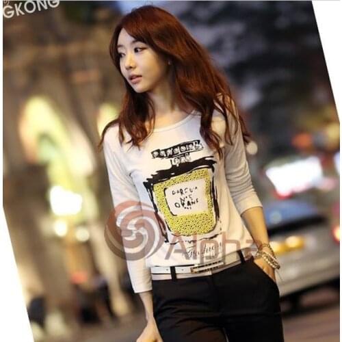 Free Shipping 2014 New Arrival Women Long Sleeve Basic Shirt Rhinestone Color Print Popular Design Women Pattern Shirts S--XXL