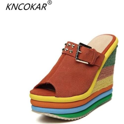 The new 2017 wedge sandals sponge thick bottom leather fish mouth cool slippers candy color leather shoes fashion slippers