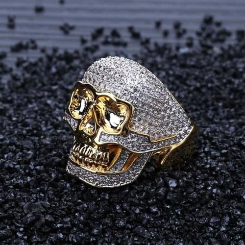 Hip Hop Micro Pave AAA Cubic Zirconia Bling Iced Out Gold Cool Skull Rings for Men Rapper Jewelry Size 7-11
