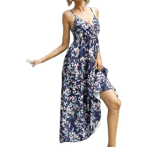 2021 Summer European American Hot Selling Factory Price Good Quality Fashion Womens Printed Suspender V-Neck Dress