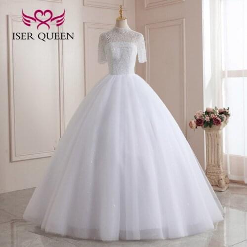 High Neck Stand Collar Muslim Wedding Dresses Ball Gown Short Sleeves Heavy Beading Quality Wedding Dress White Color WX0205