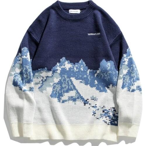 2021 Harajuku Snow Mountain Knitted Sweater Men Gradient Women Embroidery Vintage Cotton Harajuku Casual Pullover Sweater Couple