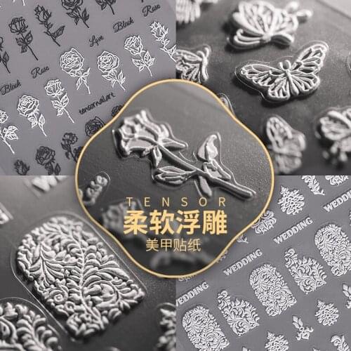 New Craft Nail Art Sticker 5D Nail Stickers Black White Rose Snowflake Butterfly Stickers Dimensional Embossed Nail Art Stickers