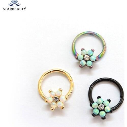Opal Flower Gem Helix Piercing Ear Cartilage Surgical Steel Septum Clickers Nose Ring Nipple Lip Tragus Daith Migraine Piercing