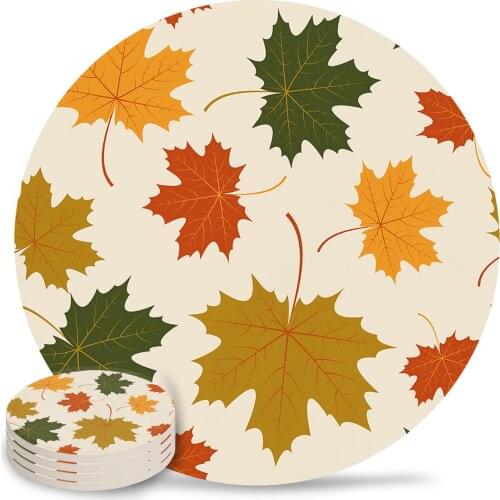 Autumn Deciduous Sycamore Leaf Round Coaster Coffee Table Mats Kitchen Accessories Absorbent Ceramic Coasters