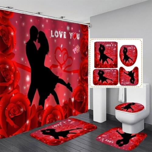 3D Love Romantic Rose Waterproof Shower Curtain Non-slip Cushion Toilet Cushion U-shaped Cushion Bathroom Essential Set