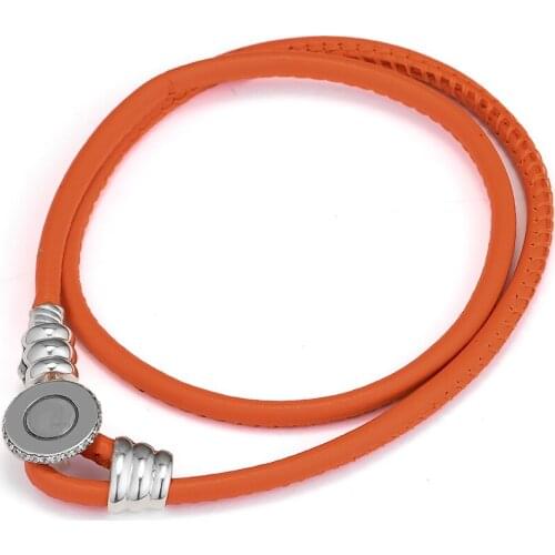 100% 925 Sterling-Silver-Jewelry Spicy Orange Double Leather Bracelets with Clear CZ Free Shipping
