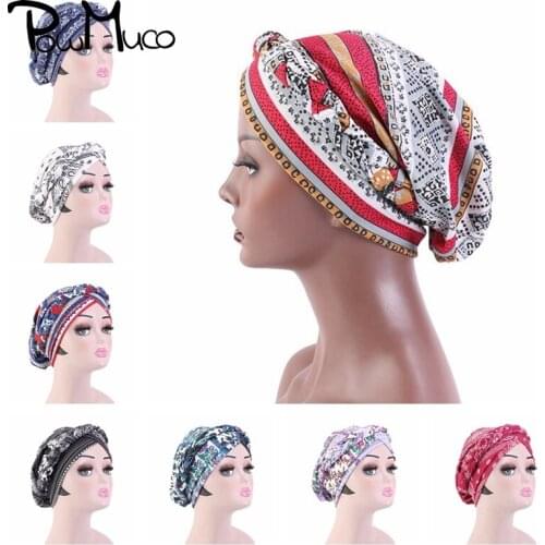 Powmuco 8 Colors Vintage Printted Hats Elastic Crossed Knotted Turban Beanies Hat Women Nightcaps Shower Cap Accessories