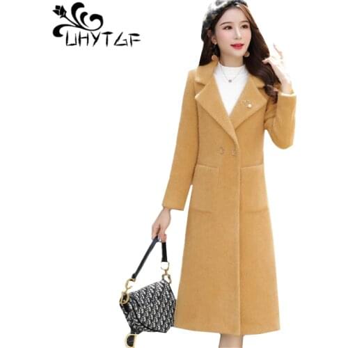 UHYTGF Woolen coats female Water mink autumn jacket quality sheep shearing double-faced cashmere wool coat womens plus size 1071
