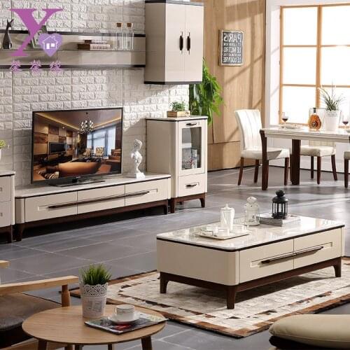 Natural marble cabinet, simple living room, modern Nordic solid wood tea table TV cabinet combination