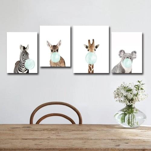 Cute Blue Bubble Gum Animal Zebra Giraffe Koala Kangaroo Canvas Art Abstract Painting Print Poster Picture Wall Home Decoration