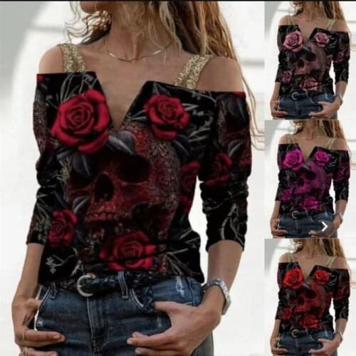 Tank Tops Women Flower Print Long Sleeve Sequins T Shirts Summer Casual Women Shirts Gothic Skull Printed V Neck Tanks Vest 2021