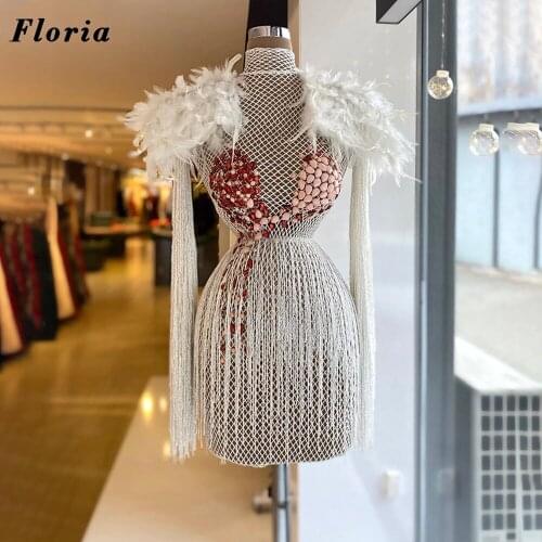 Customized 2021 White Tassel Evening Dresses Short Celebrity Dress Arabic Beading Red Carpet Runaway Prom Gowns Robe De Soiree