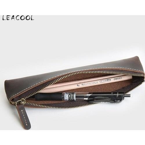 Vintage Genuine Leather Pen Bag Handmade Cowhide Long Zipper Pencil Case Holder Pen Pouch Storage Bags Kids Stationery School