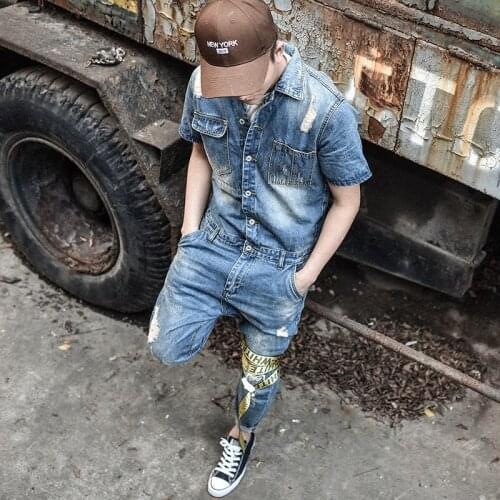 Japan Style Vintage Rompers Mens Jumpsuit Fashion Frayed Skinny Jeans Ankle Length Pants Teenager Denim Overalls for Cowboy Blue