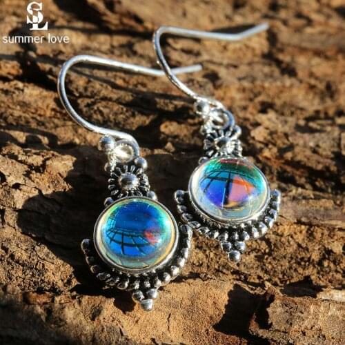 Vintage Labradorite Dangle Earrings For Women 2019 Fashion Silver Color Crystal Moonstone Drop Earring Designer Jewelry