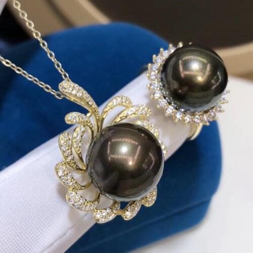 D721 Pearl Set Fine Jewelry 925 Sterling Silver Round 13-14mm Fresh Water Peacock Green Black Pearls Jewelry Sets for Women