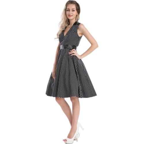 2020 Women Summer Dress Vintage Deep V Neck Polka Dot Swing Dress