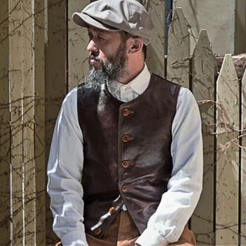 Japanese Mens Genuine Leather Vest Vintage Brown Biker Waistcoat Slim Casual Real Cowhide Leather Sleeveless Jackets Coats