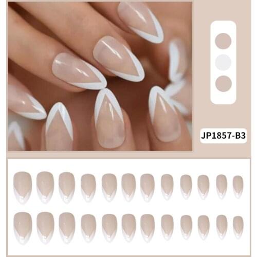 24Pcs/Set V-shaped Fake Nails White Edges Glue Type Removable Long Paragraph Fashion Manicure Fully Covered Nail Decoration