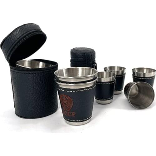 4pcs/lot 70ml Outdoor Camping Tableware Travel Cups Set Picnic Supplies Stainless Steel Wine Beer Cup Whiskey Mugs PU Leather