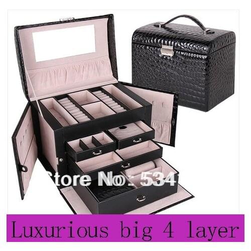 Free shipping luxury leather jewelry box , necklace pendant display casket shelf packing gift box Beauty case jewelry box