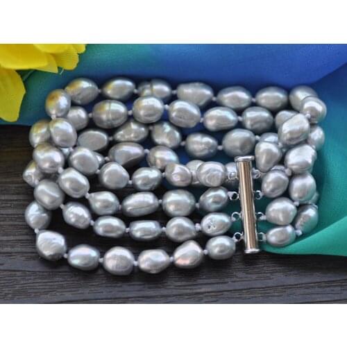 MCT·STAR Z10265 4Row 8" 11mm Baroque Gray Freshwater Pearl Bracelet Magnet
