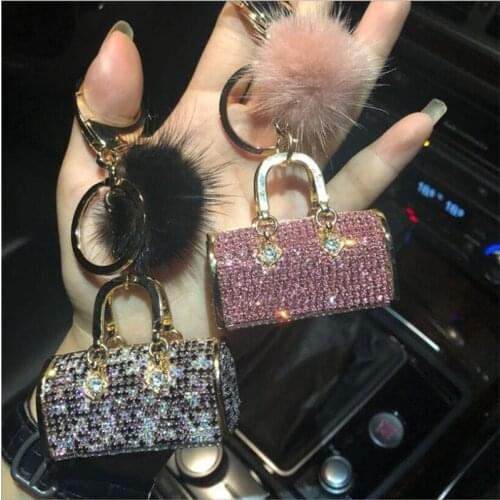 Blingbling Diamond Alloy Bag Shape Mink Plush Pendant Fashion High Quality Car Keychain Pendant Gift