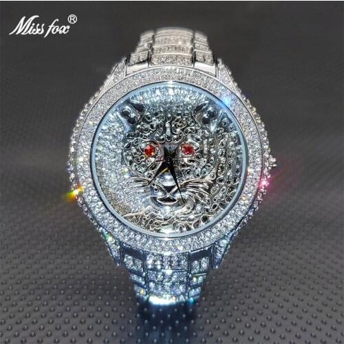 MISSFOX серебро часы мужской Couple Stylish Tiger Quartz Watches Diamond Dial Japanese Movement Wristwatch Birthday Gift 2021