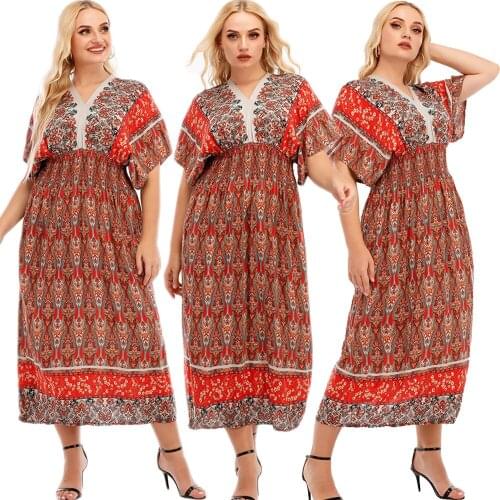 Ethnic Muslim Women Casual Loose Long Dress Bohemian Print Short Sleeve Bohemian Summer Dress V-neck Dubai Kaftan Middle East