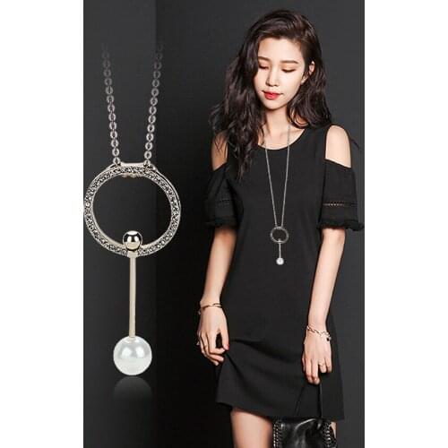 Vintage Jewelry Circle Strip Long Chain Pendants&Necklaces Big simulated pearl Choker fashion jewelry wholesale gift Women ev896