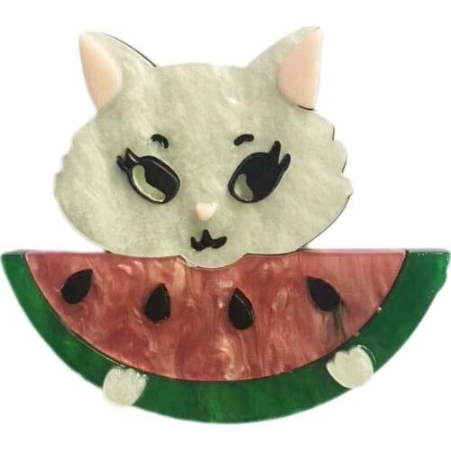 Kitten Eating Watermelon Brooch Pin White Cat Women Men Brooches Gift Jewelry