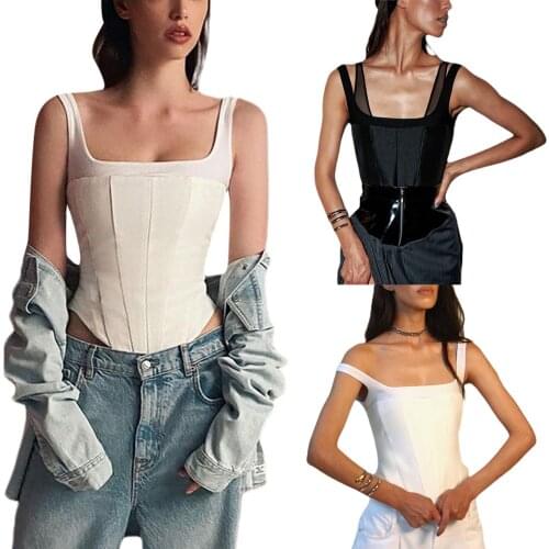 Patchwork U-shaped Neck Crop Top Women Summer Sexy Solid Color Camisole Slim Fitness Tank Top Camis
