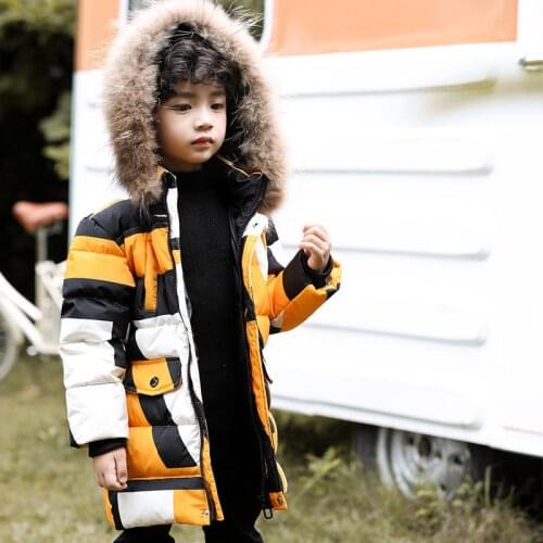 2019 New Brand Hooded Winter Jackets Camouflage Parkas Duck Fur Collar for Teenagers Boys Girls Thick Long Jackets Kids Clothes
