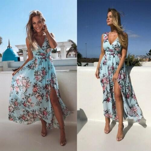Summer Women V-neck Floral Printed Dress Female Sexy Boho Holiday Vintage Long Maxi Dress Evening Party Split Dresses Vestidos