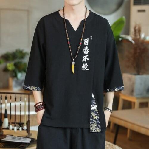 Summer Men Cotton Linen Blouse Short Sleeve T Shirt Chinese Traditional Clothes Male Hanfu Tang Suit Streetwear Tees Tops 30152