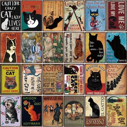 Cute Cat Metal Tin Sign Cartoon Pet Art Painting Plat Poster Wall Crafts Gym Wall Stickers Retro Iron Plate Plaque Decor 20x30cm