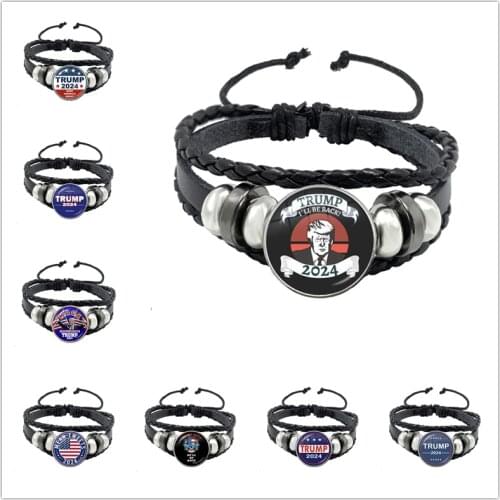 Fashion Donald Trump 2024 Bracelet Men USA Flag Keep America Great Charm Multilayer Braided Black Leather Bracelet Souvenir