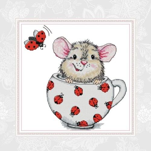 Mouse in the Cup Patterns DIY Printed Cross Stitch Canvas 11CT 14CT Embroidery Thread Home Decor Needlework Cross Stitch Kits