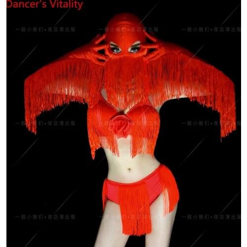 New Year Party Bar DS Performance Costume Stage Wear Sexy Red Tassel Mask Bra Shorts Gloves 4pcs Set Pole Jazz Dance Lingerie