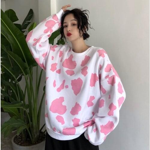 O Neck Autumn Hoodie Sweatshirt Women Tops Loose Casual Cute Milk Print Hoodie Streetwear Girl Pullover Hoodies Funny Female