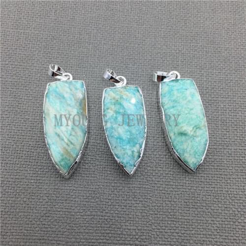 Silver-Plated Faceted Arrow Point Nail Natural Stone Amazonites Necklace Pendant MY0376