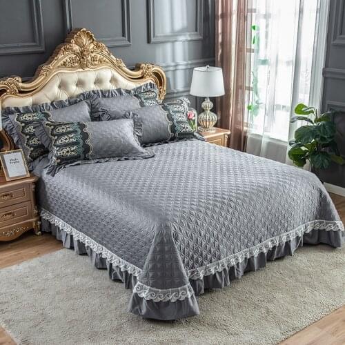 Luxury Grey Egyptian Cotton Quilted Bedspread Cloverlet Lace Edge Bed sprerad for All Season Blanket Quilt Pillowcases 3/5pcs