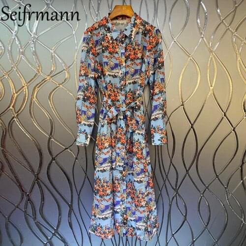 Seifrmann New 2021 Autumn Women Fashion Designer Party Midi Dress Long Sleeve Bow Sashes Loose Shirts Style Floral Print Dresses