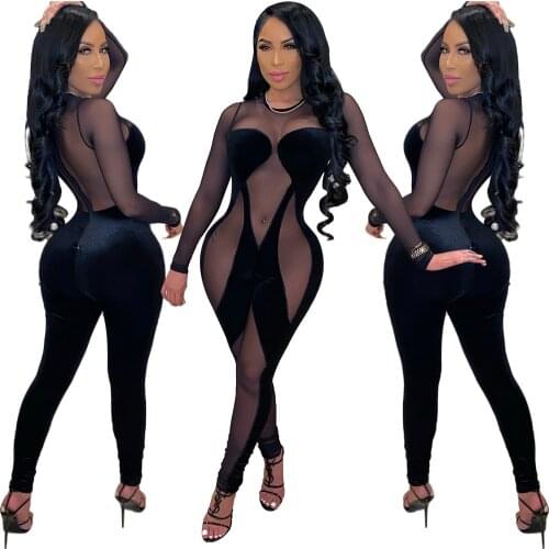 Adogirl Sexy Black Mesh Sheer Velvet Patchwork Bodycon Jumpsuit Woman Long Sleeve See Through Night Club One Piece Overalls