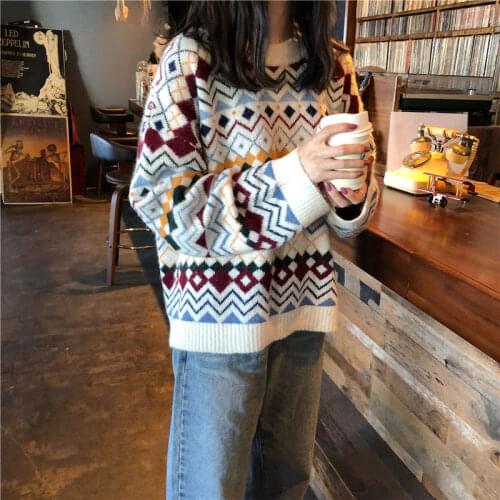 Loose Christmas Sweater Women Pullovers Geometric Color Block Long Sleeve O Neck Oversized Jumper Winter Clothes Knitted Tops