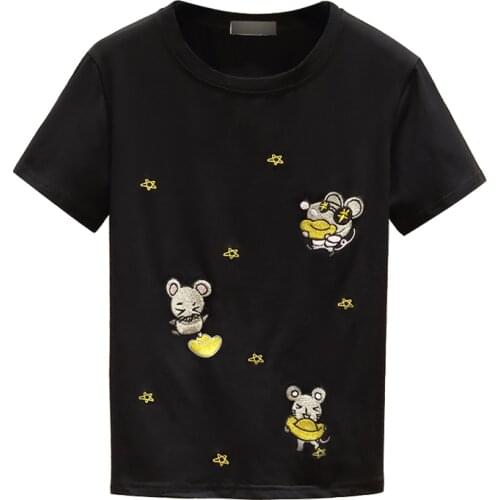 Harajuku Style Tops 2021 Summer New Womens Cotton Round Neck Mouse Embroidery Loose White Short Sleeve T-Shirt 8352