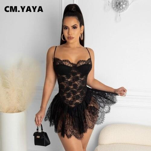 CM.YAYA Lace Floral See Though Sleeveless Ruffles Womens Dress Sexy Night Party Midi Mini Mermaid Dresses