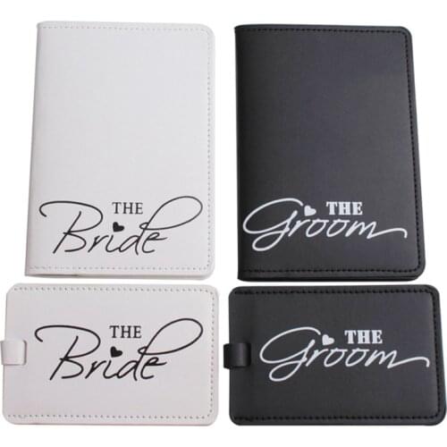 1Set PU Leather Luggage Bag Tag Bride Groom Passport Case Cover for Couples Honeymoon Travel Organizer